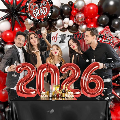 Red and Black Graduation Decorations with Fringe Curtain Banner Metallic Silver Confetti Black Red White Balloons for Graduation Decorations 2026