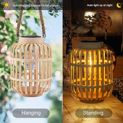 pearlstar Outdoor Solar Lanterns Light Rattan Natural Lantern with Handle for Hanging or Table Lamp for Patio Yard Garden Wedding Home Decoration, Edison Bulb, Auto on/Off (Style 4)
