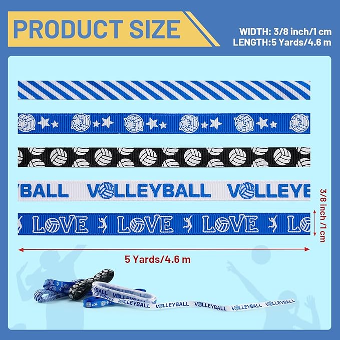 Volleyball Ribbons 5 Rolls 25 Yards, 3/8" Blue Grosgrain Cute Sports Volleyball Ribbons for Gift Wrapping Making Hair Bows Sports Theme Party Decor