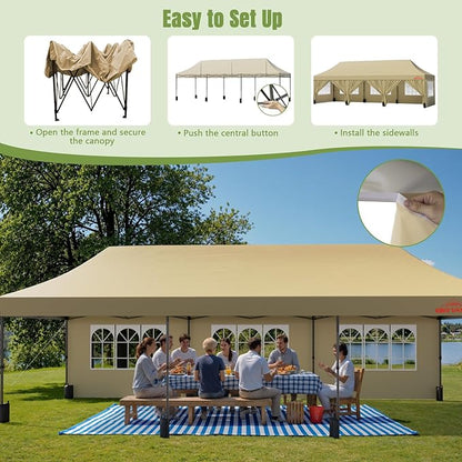 10x30 Heavy Duty Pop Up Canopy with 8 Sidewalls, 550D Commercial Easy Up Canopy Tent, Waterproof Outdoor Party Event Tent with Roller Bag, Khaki