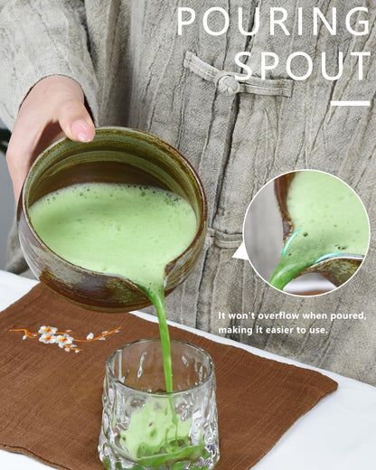 Artcome Premium Matcha Tea Set - 18.6oz Ceramic Bowl with Spout, Bamboo Whisk, Scoop, Whisk Holder & Brewing Guide - Durable & Elegant for Perfect Matcha Preparation