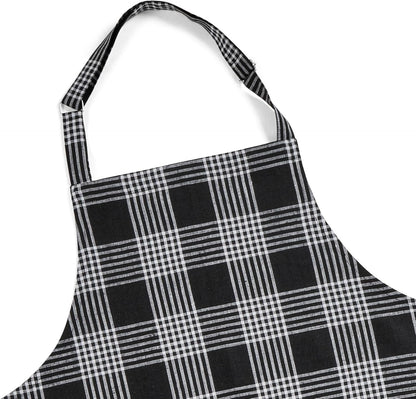 Solino Home Linen Bib Apron for Men & Women - Black and White Plaid Kitchen Apron with Front Pockets - Handcrafted from European Flax