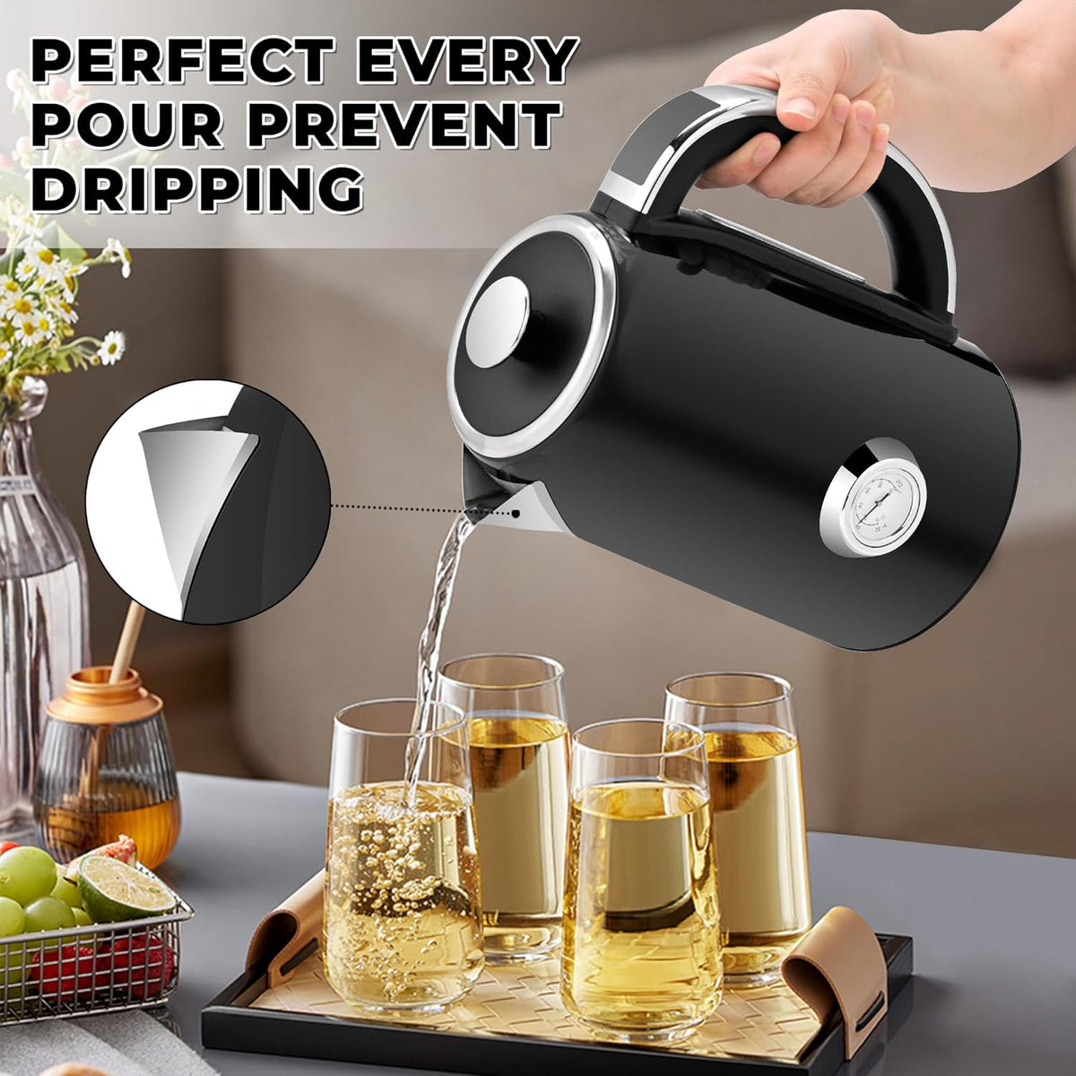 Susteas Electric Kettle Temperature Control - 57oz Hot Water Boiler with Thermometer, 1500W Fast Heating Stainless Steel Tea Kettles