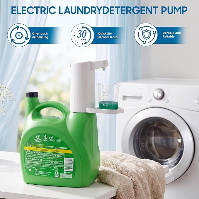 APEKX Smart Electric Laundry Detergent Dispenser with Graduated Cup, USB Rechargeable, 15-75ml Adjustable Dosing & No-Spill Design for Liquid Detergent Containers (White)