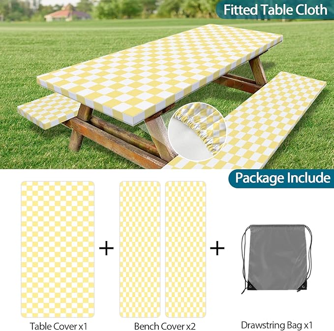 Picnic Table Cover with Bench Covers and Bag, Yellow White Checkered Gingham Buffalo Plaid Camping Tablecloth Waterproof Windproof Elastic Edges Fitted Tablecloths for Outdoor Garden 3PCS 30x60 Inch