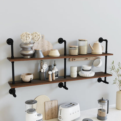 Industrial Pipe Wall Shelves Pipe Shelving with Real Wood Plank,60 Inches Floating Shelves for Wall Farmhouse Pipe Book Shelves Dark Brown 2 Tier for