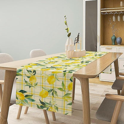 Yellow Plaid Lemon Table Runner Nature Watercolor Plant Countryside Farm Fruit Aesthetic Dining Table Decoration for Home Holiday Party Dresser Kitchen Cabin Restaurant Wedding Decor 13×120in