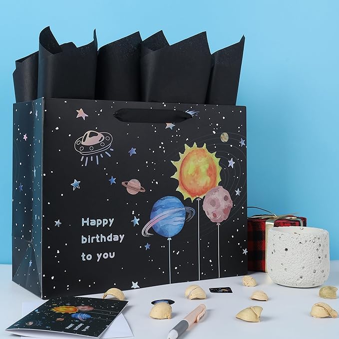 Qirrmiy 13” Large Space Birthday Gift Bag Set with Handles, Greeting Card, Black Tissue Papers and Stickers for Boys Teens for Baby Child, Kids‘ Birthday Party, Newborn, 1 Pcs