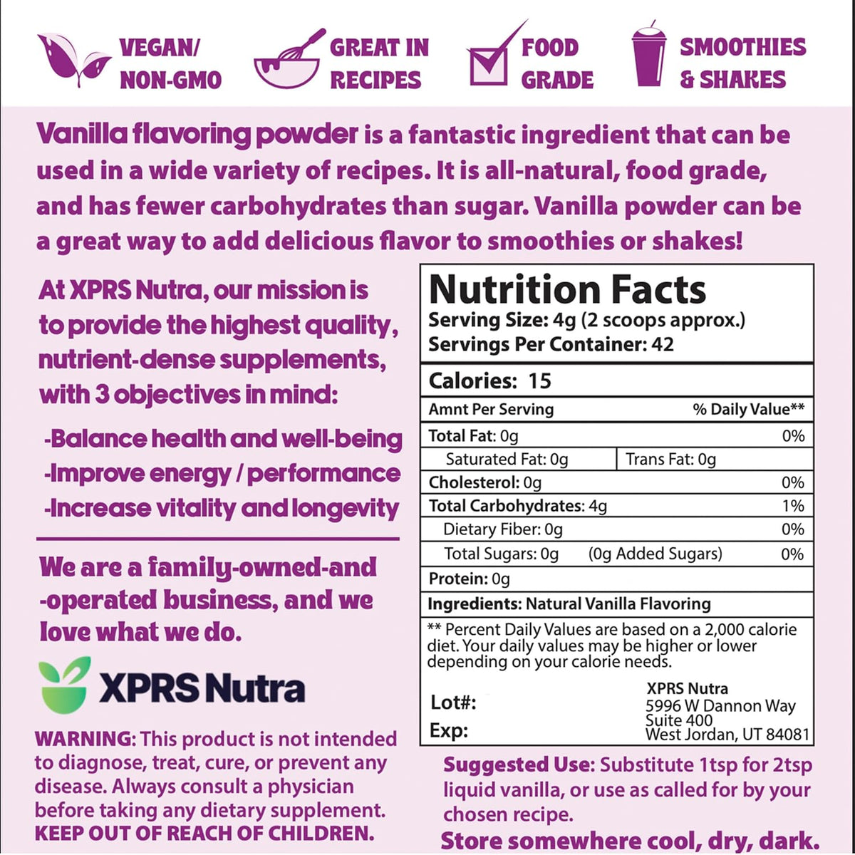 XPRS Nutra Vanilla Flavoring Powder - Fresh Vanilla Powder - Premium Vanilla Powder for Baking Pure Vanilla Bean Powder Flavoring - Make Vanilla Sugar for Baking Vanilla Powder for Coffee (6 Ounce)