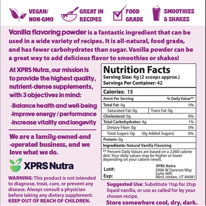 XPRS Nutra Vanilla Flavoring Powder - Fresh Vanilla Powder - Premium Vanilla Powder for Baking Pure Vanilla Bean Powder Flavoring - Make Vanilla Sugar for Baking Vanilla Powder for Coffee (6 Ounce)