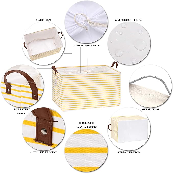 Hinwo 70L Extra Large Storage Bins, Closet Organizers and Storage, Foldable Clothes Storage Baskets with Handles, Containers for Clothing, Blanket, Comforters, Toys, Bedding (Yellow Stripe)
