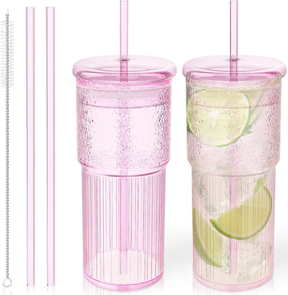 Glass Cups with Lids and Glass Straws, High Borosilicate 20OZ Pink Tumblers (2Pcs) for Coffee, Tea, Juice, Smoothies, Hot & Cold Drinks at Home/Office