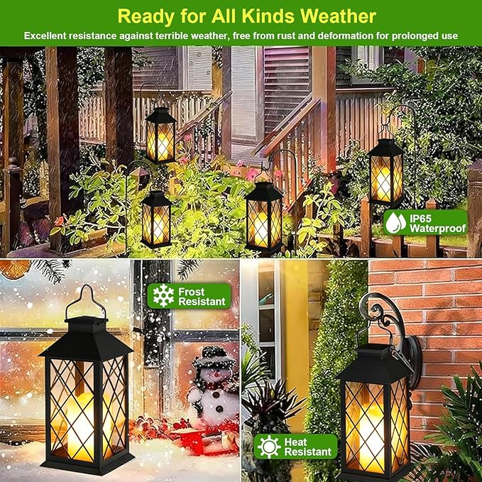 14" Large Tempered Glass Solar Lanterns Outdoor Waterproof, Hanging Solar Lights with Flickering Flameless Candles, Retro Solar Lantern for Wall Porch Patio Table Garden Decoration (Black)