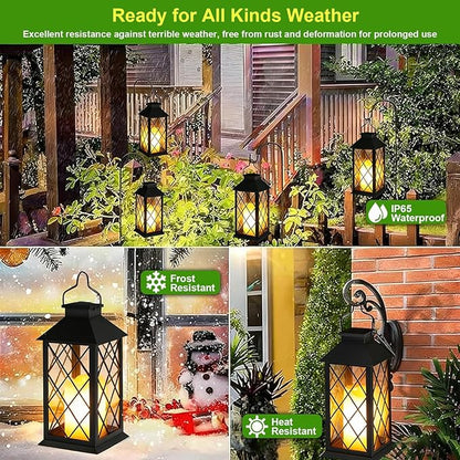 14" Large Tempered Glass Solar Lanterns Outdoor Waterproof, Hanging Solar Lights with Flickering Flameless Candles, Retro Solar Lantern for Wall Porch Patio Table Garden Decoration (Black)