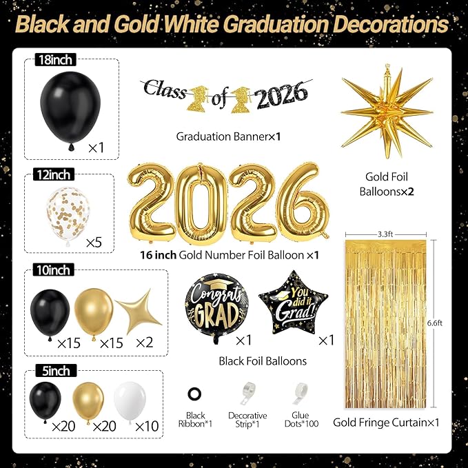Black and Gold Graduation Decorations with Gold Confetti Black White Balloons Gold Fringe Curtain Banner for Graduation Decorations 2026