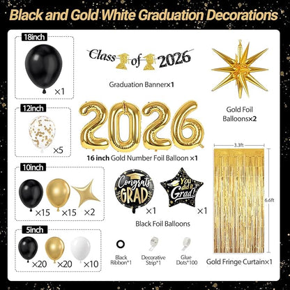 Black and Gold Graduation Decorations with Gold Confetti Black White Balloons Gold Fringe Curtain Banner for Graduation Decorations 2026