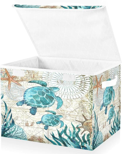 Large Collapsible Storage Bins with Lids, Vintage Ocean Sea Turtle Starfish Map Storage Baskets Organizer Containers with Handles for Nursery Clothes Toys