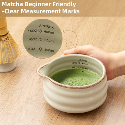 2pcs Matcha Bowl with Whisk Holder, Ceramic Grey Matcha Bowl with Spout, 16.5OZ Porcelain Bowl with Measurement Marks, Tea Mixing Bowl with Whisk Stand, Matcha Gift Set (grey)