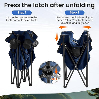 Portable Outdoor Folding Camping Table with 4 Cup Holders & Cooler Compartment, Waterproof Picnic Table for Picnic, BBQ, Beach, Hiking (Navy Blue)