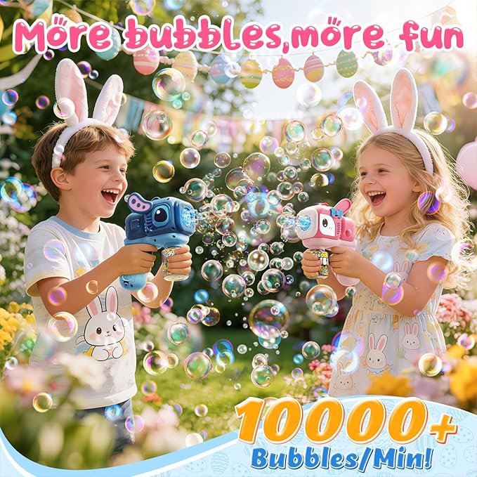 2 Pack Bunny Bubble Machine Gun for Toddlers,Fast Bubble Blast 10,000+ BPM, Leak-Proof Bubble Blower with LED Lights, Outdoor Spring Easter Toy Gift for Boys Girls Ages 3-6