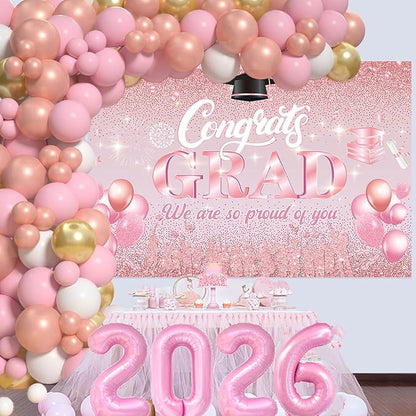 Pink Graduation Decorations Class Of 2026 - Graduation Balloon Arch Kit With Pink Rose Gold Balloons, Grad Backdrop, 2026 Foil Balloons For Girls High College School Decor