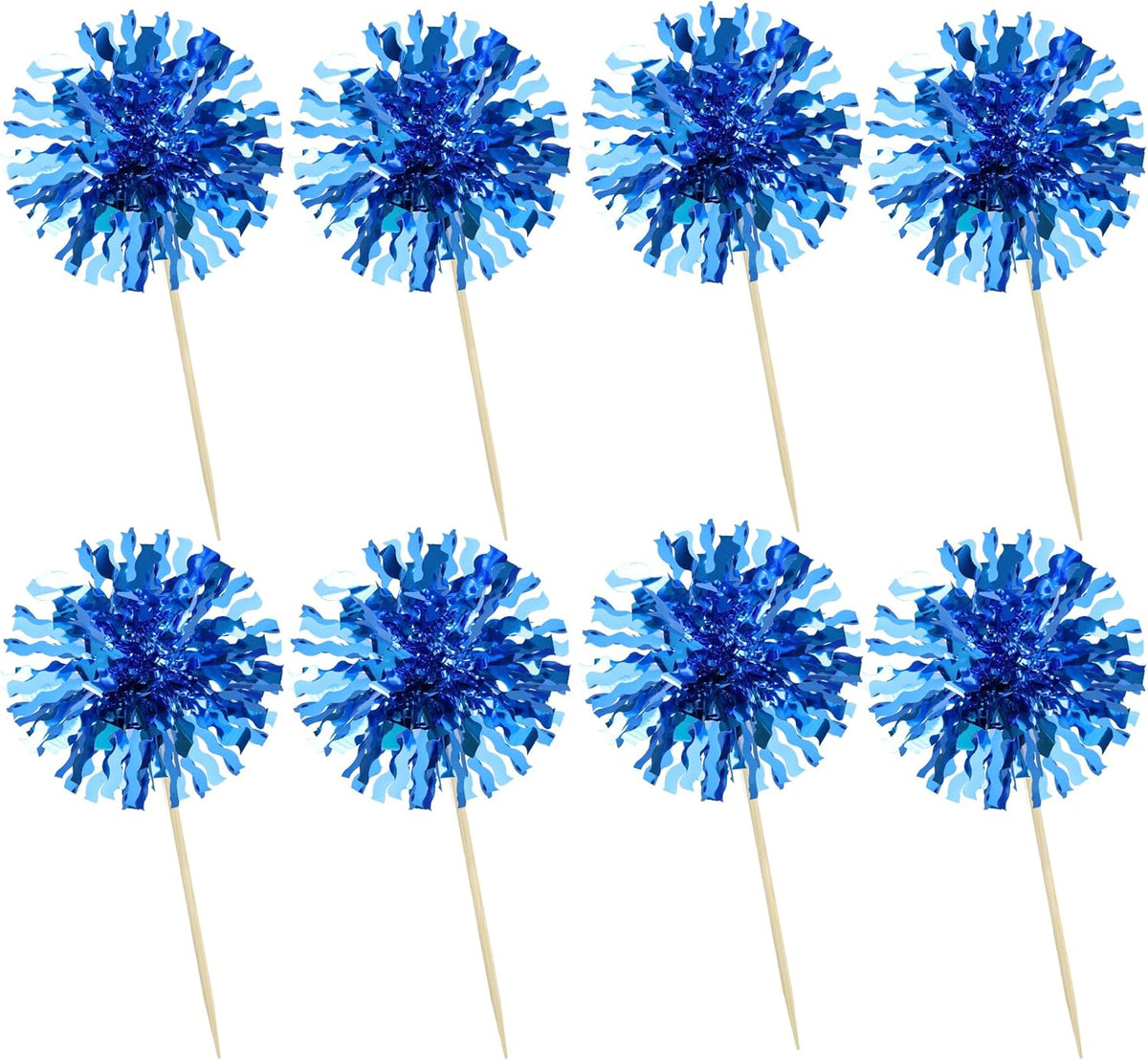 Ephlyn 30Pcs Foil Firework Cupcake Toppers Blue Tinsel Flower Drink Stirrers Cocktail Food Fruit Cake Toppers for Valentine's Day Party Decorations