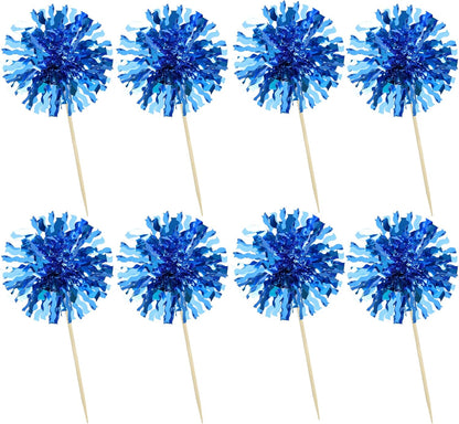 Ephlyn 30Pcs Foil Firework Cupcake Toppers Blue Tinsel Flower Drink Stirrers Cocktail Food Fruit Cake Toppers for Valentine's Day Party Decorations