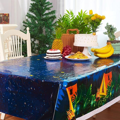 Chinco 3 Pieces Camping Tablecloth Campfire Camp Party Decorations Waterproof Plastic Rectangular Table Cover for Picnic Hiking Adventure Birthday Party Supplies