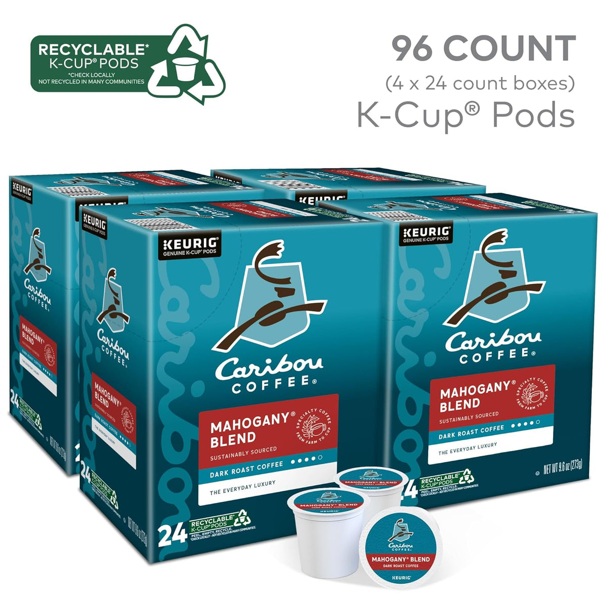Caribou Coffee Mahogany Keurig Single-Serve K-Cup Pods, Dark Roast Coffee, 96 Count (Pack of 4)