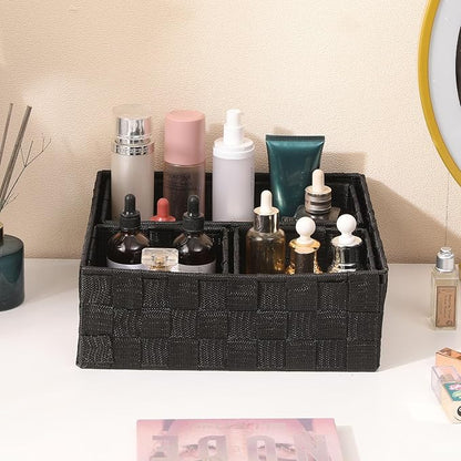Woven Storage Baskets Set of 4, Stackable Fabric Storage Bins with Metal Frame for Closet, Shelf, Drawer, Nursery, and Office Organization – Polypropylene Organizer Boxes, Black