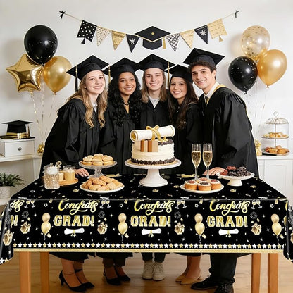 2Pcs Graduation Tablecloth, Graduation Decorations Black and Gold Class of 2026 Congrats Grad 54 x 108 inches Disposable Plastic Tablecloths for Graduation Party Decor Grad Plastic