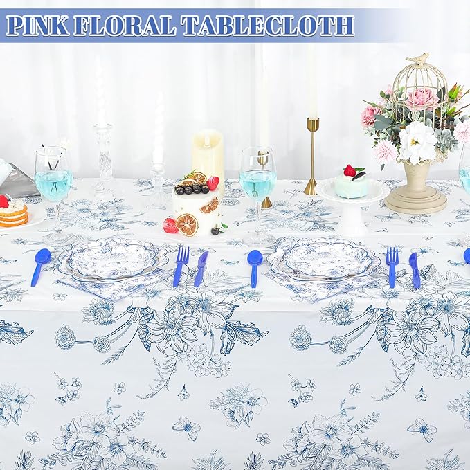 3 Pack Blue Floral Plastic Tablecloths, 54 X 108Inch Tea Party Tablecloth Disposable Table Cloths Blue and White Porcelain Tables Decor for Garden Wedding Tea Party Birthday Baby Bridal Shower