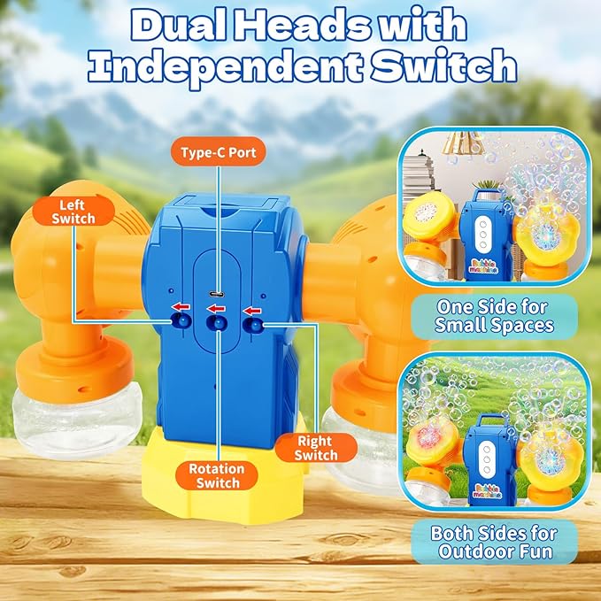 Rechargeable Bubble Machine for Kids, Dual Switch Control, Automatic 360° Rotation & 90° Adjustable Bubble Blower Maker with LED Lights Indoor Outdoor Toy Gift for Birthday Wedding Parties
