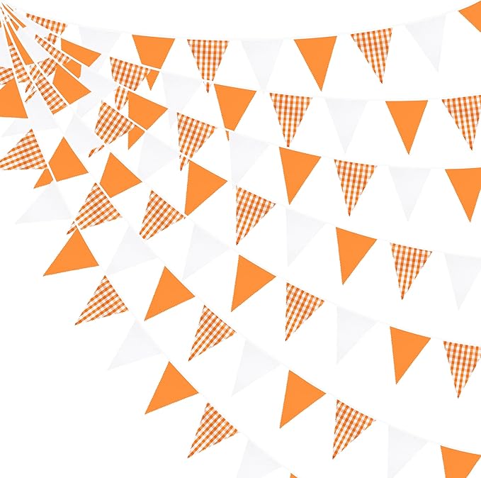 32Ft Orange Party Decorations Orange Buffalo Plaid Checkered White Triangle Flag Gingham Pennant Bunting Fabric Garland Streamers for Fall Autumn Wedding Birthday Thanksgiving Picnic Garden Decor