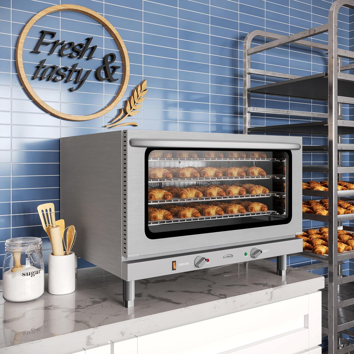 KoolMore 32 in. Commercial Countertop Convection Oven, Holds Full Size Pans, 4 Racks and 3500W of Power, 240V in Stainless-Steel, ETL Listed for Safety and Sanitation (KM-CTCO-44)