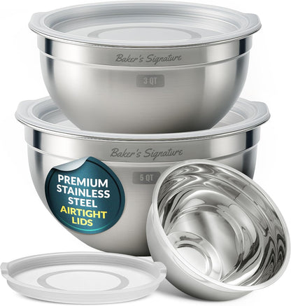 Baker's Signature Stainless Steel Mixing Bowls With Lid, Metal Mixing Bowl Set Of 3, Nesting Set For Food Prep, Baking,Storage, Cooking, Serving