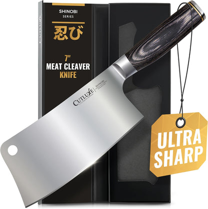 Cutluxe Meat Cleaver Knife – Ultra Sharp 7" Meat Cleaver, Butcher Knife, High Carbon Stainless Steel Blade, Full Tang Pakkawood Handle
