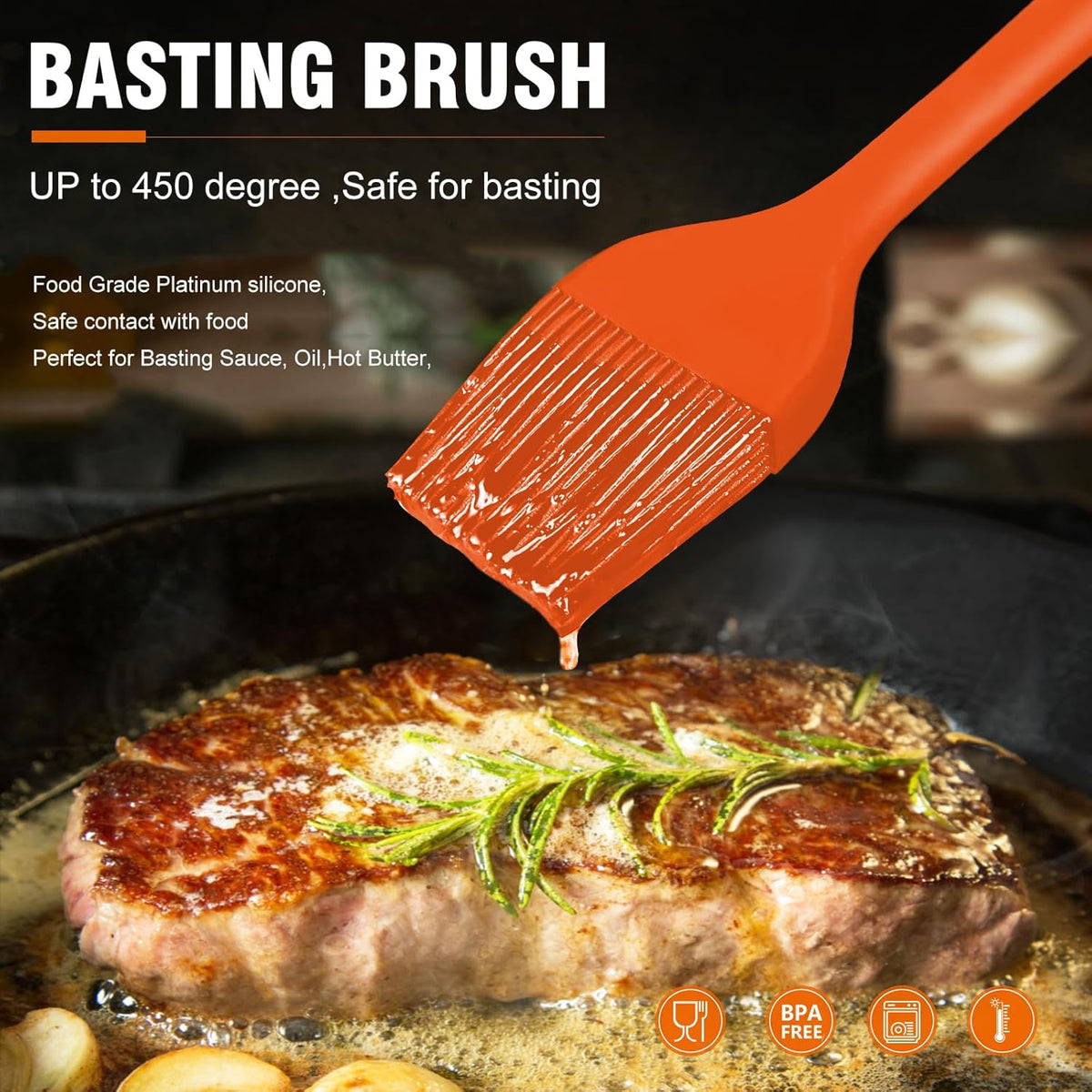 Walfos Silicone Basting Pastry Brush, Heat Resistant Pastry Brush Set, Strong Steel Core and One-Pieces Design, Perfect for BBQ Grill Kitchen Cooking, BPA Free and Dishwasher safe, 2 Pcs (orange)
