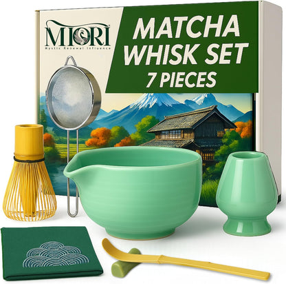 Matcha Whisk Set - 7pcs Matcha Set Including Bamboo Whisk, Bowl with Spout, and Accessories | All-in-One Matcha Kit for Matcha Latte Lovers | Japanese Matcha Set Whisk And Bowl for Tea Ceremony