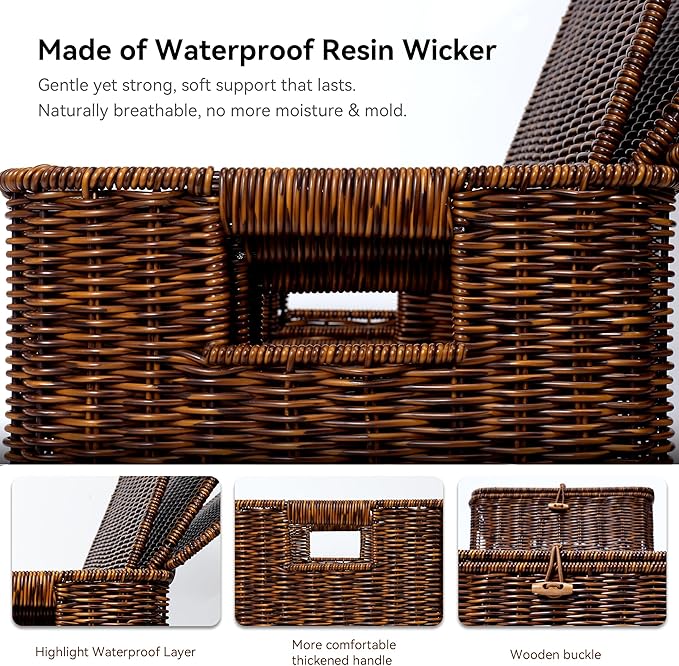 Nonam Wicker Storage Basket with Lid, Large Shelf Baskets for Boho Decor, Plastic Basket, Lidded Home Storage Bins - Stackable Containers Boxes for Organizing - Brown