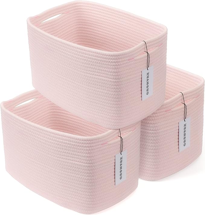 Cotton Rope storage Basket Bins Woven Basket for Organizing Shelves 15X10X9.3" Rectangle Decorative Baskets For storage Clothes Toys Books Towels Nursery basket organizer 3 pack light pink