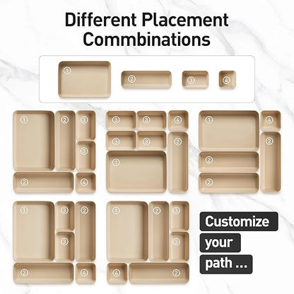 ISSEVE 8Pcs Nesting Silicone Drawer Organizer Trays, 4 Size Versatile Vanity Bathroom & Desk Drawer Organizer Set Storage Bins for Office,Kitchen,Nightstand,Beige