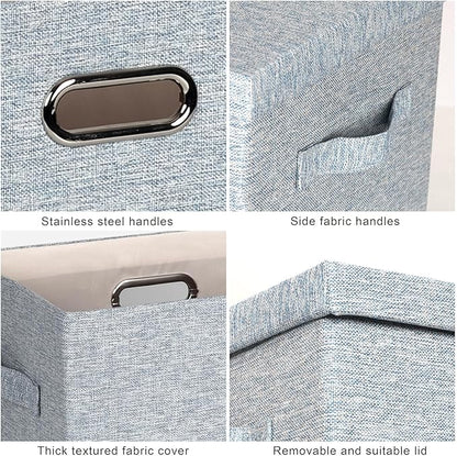 Graciadeco Large 17" 36 Quart Collapsible Stackable Storage Bins with Lids, 3 Packs Blue-Grey Linen Fabric Closet Boxes with Lids, Storage Cube Baskets Container Organizers for Bedroom (17x12x11)