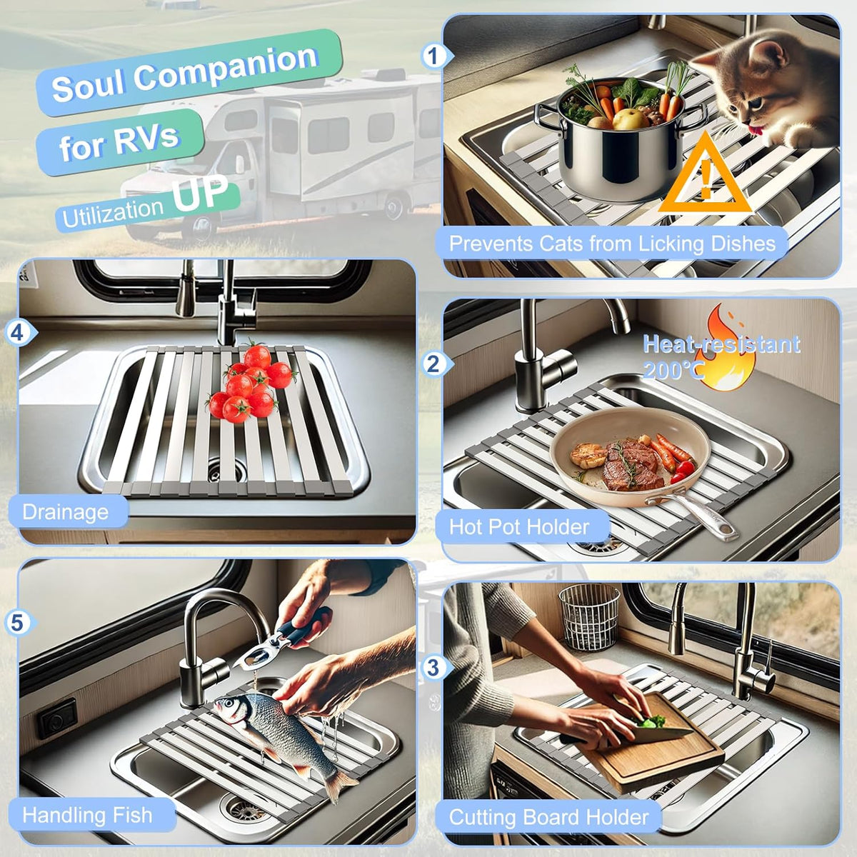 Mamakura Aluminum Alloy Foldable Sink Dish Rack & Cutting Board, 19.09"x13.31", Gray