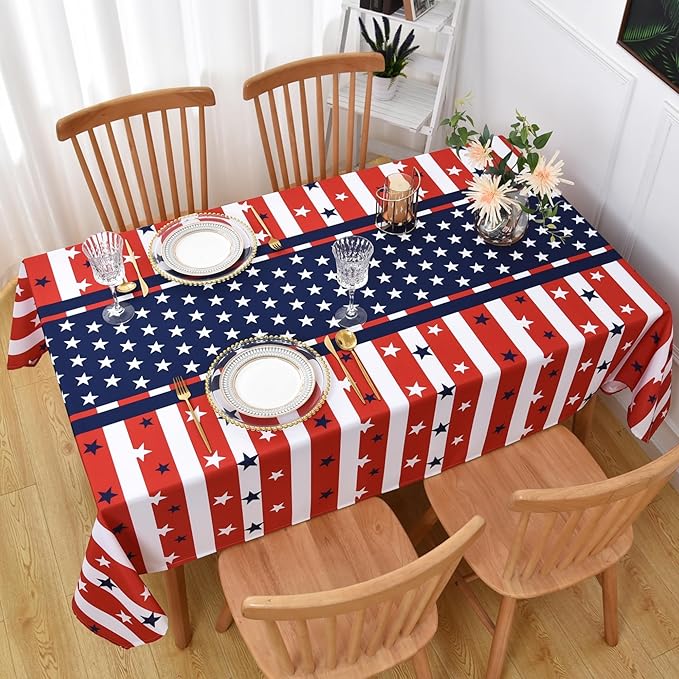 USA Gingham Patriotic Tablecloth Fabric - Rectangular 58x102 Inch Water Resistant Checked Table Cloth for Indoor/Outdoor Use - Table Cover for Kitchen, Picnics, Gardens, and Parties