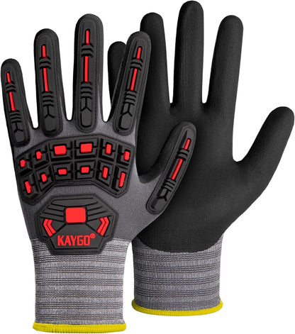 KAYGO Impact Reducing Work Gloves for Men,3 Pairs KG18N TPR Safety Work Gloves MicroFoam Nitrile Coated, Seamless Knit Nylon, Ideal for General Purpose, L