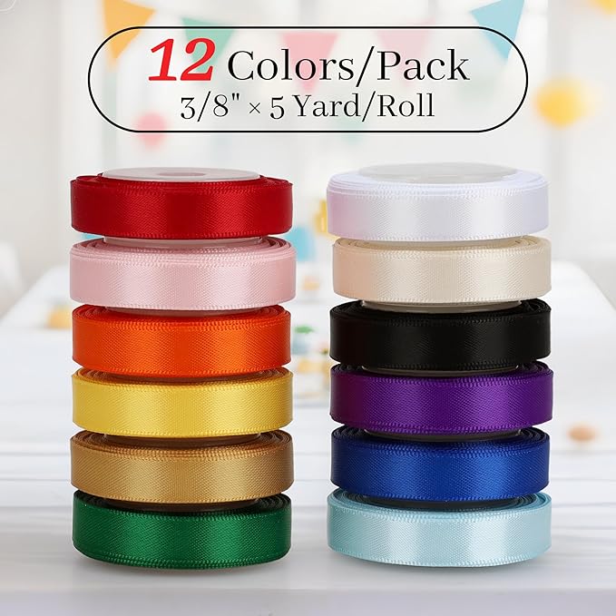 Double-Faced Rainbow Satin Ribbon Set – 12 Colors, 3/8 Inch x 5 Yards Rolls, 60 Yards Total Colorful Ribbons for Gift Wrapping, Hair Bows, Valentines Day, Wedding & Party Decoration, DIY Crafts