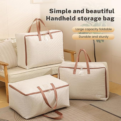 82L Storage Bag for Clothes, Comforters, Blankets, Bedding, Pillows, Stuffed Toys, Jackets with Sturdy Handles, Clear Label Tag, Zippered, for use at Home, Travel or Move, 24x17x12 (Beige, Large)