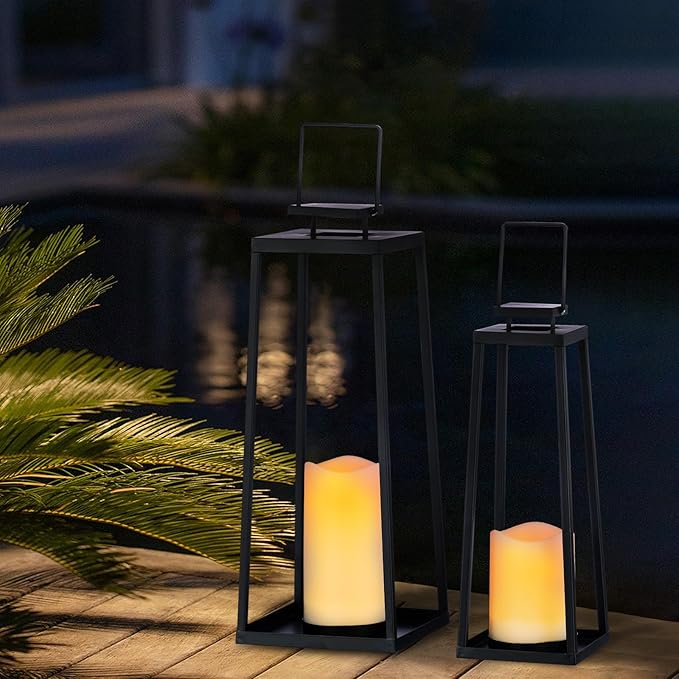 Solar Lantern Decorative Outdoor Set of 2 (18’’ & 15’’) Modern Black Metal Lanterns with Solar Candles, Decorative Candle Lanterns for Outdoor Porch, Patio, Garden, Yard Decor
