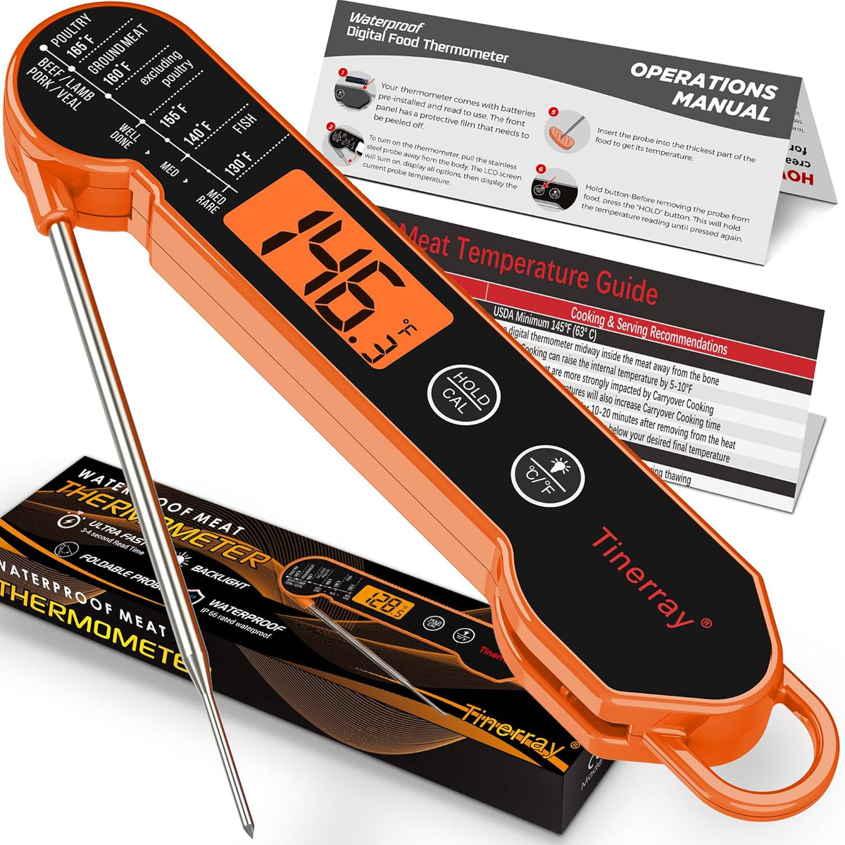Digital Meat Thermometer Instant Read - Ultra Fast 1s Reading, Waterproof with Backlight & Motion Sensor for BBQ, Grilling, Smoker, Candy, Oil (Orange)